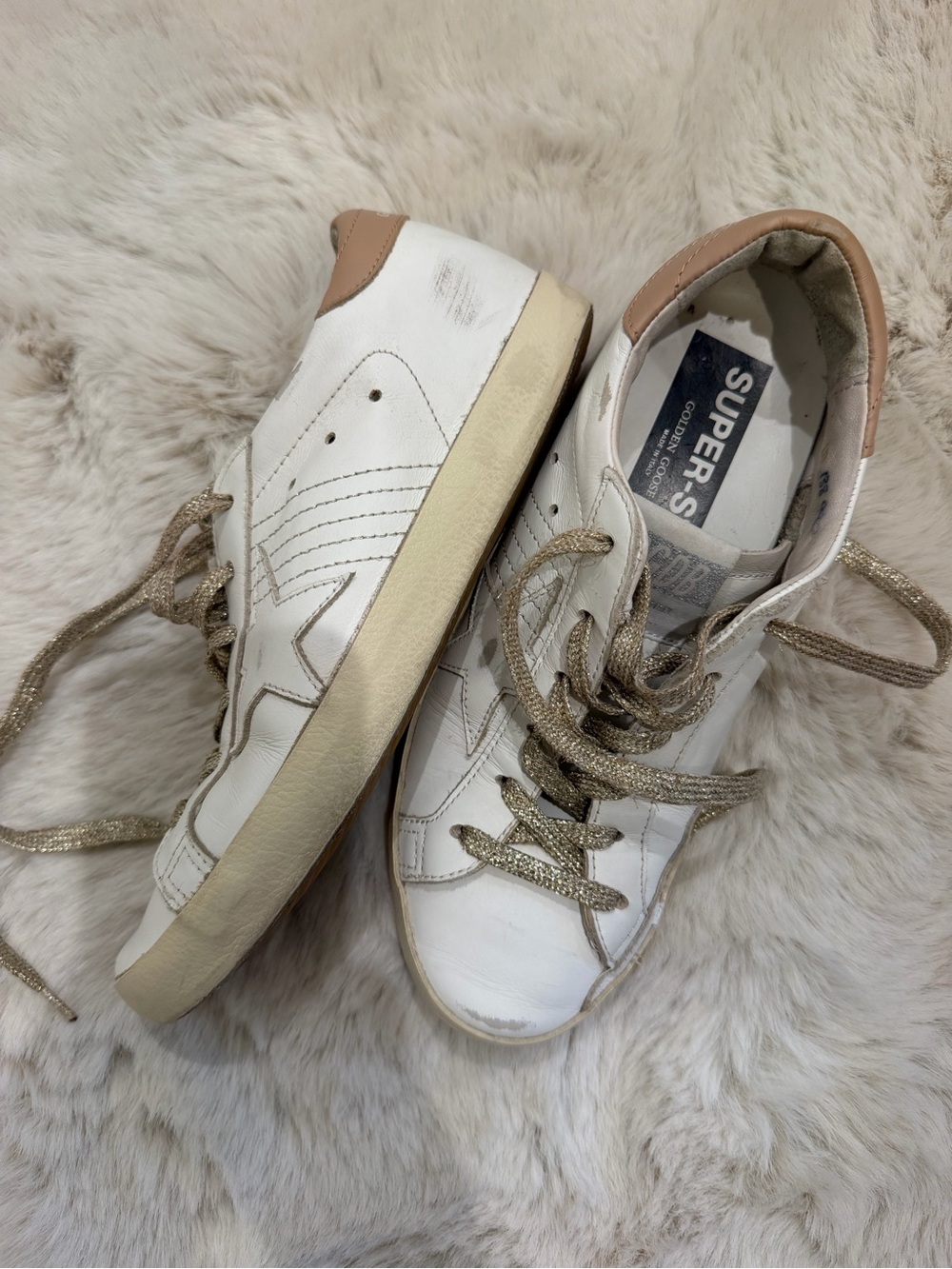 Golden Goose White Leather Sneakers with Gold Metallic Laces